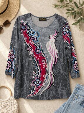 Bob Mackie Wearable Art Cockatoo Floral Top Gray Pink 3/4 Sleeve Size S